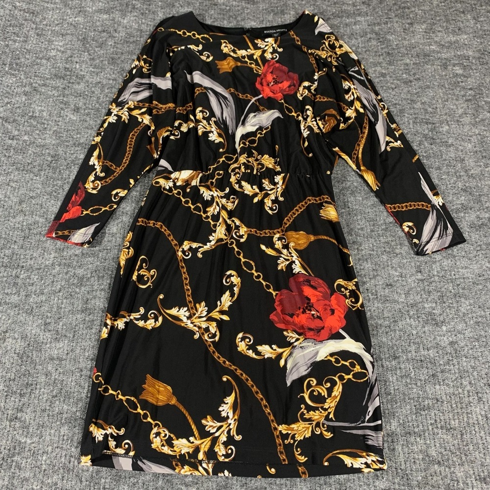 Boston Proper Dress Womens XS Black Baroque Gold Chain Floral Long Sleeve Shift